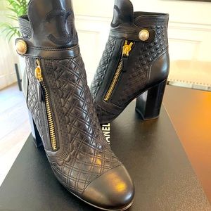 CHANEL 85MM Black Quilted Pearl Short Boots (40.5) Gold Hardware with Box
